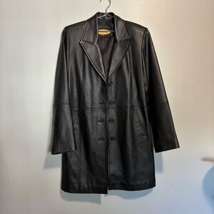 Pop’s Leather Women’s Genuine Leather Long Coat Black Button Front Trench M/L